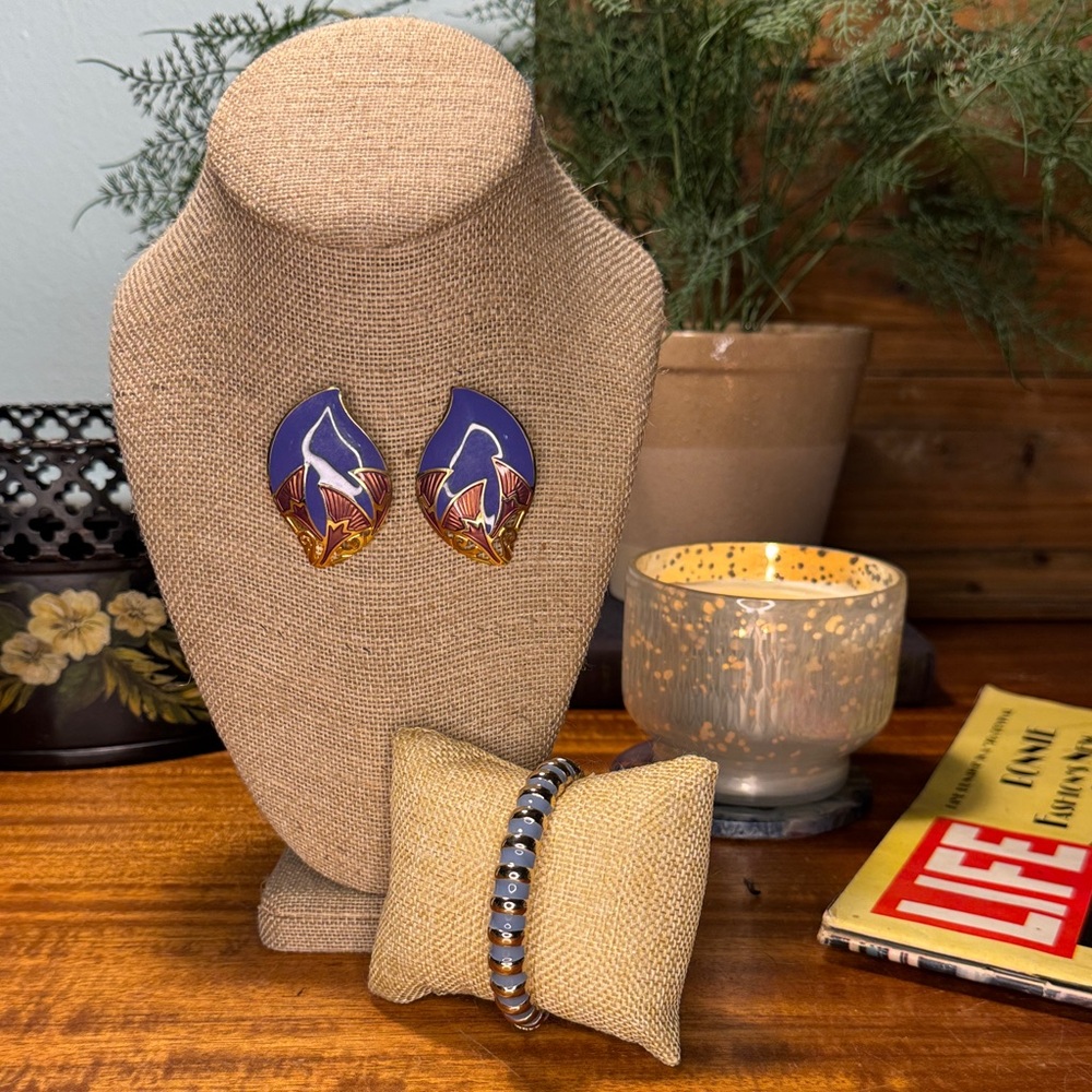 Vintage Blue and Gold Earrings with Gray & Goldtone Bracelet (2 pc)